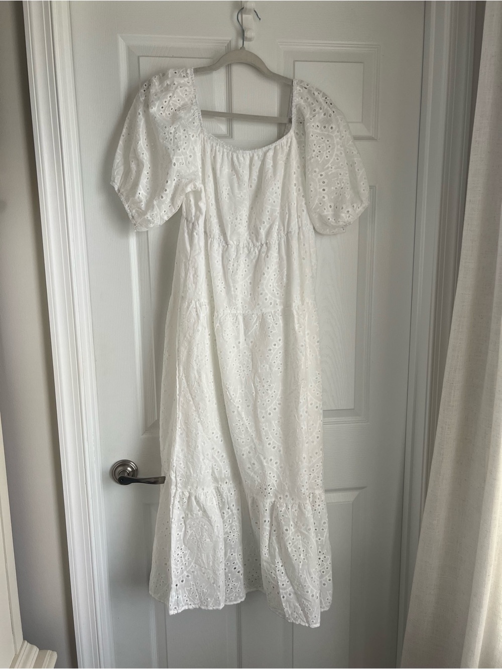 White Eyelet Midi Dress with Puff Sleeves